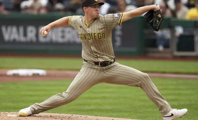 San Diego Padres pitcher Stephen Kolek delivers during the first inning of a baseball game against the Pittsburgh Pirates in Pittsburgh, Sunday, May 4, 2025. (AP Photo/Gene J. Puskar)