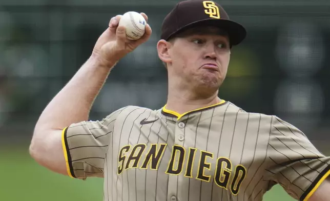 San Diego Padres pitcher Stephen Kolek delivers during the first inning of a baseball game against the Pittsburgh Pirates in Pittsburgh, Sunday, May 4, 2025. (AP Photo/Gene J. Puskar)