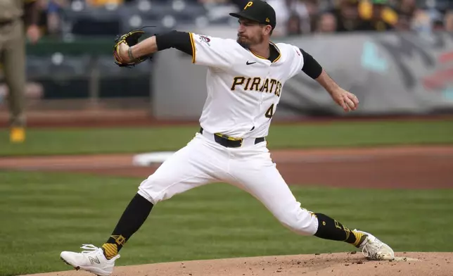 Pittsburgh Pirates pitcher Andrew Heaney delivers during the first inning of a baseball game against the San Diego Padres in Pittsburgh, Sunday, May 4, 2025. (AP Photo/Gene J. Puskar)