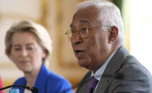 European Council President Antonio Costa speaks during a meeting between the U.K. and the European Union to discuss closer ties in their first official summit since Brexit, in London, Monday, May 19, 2025.(AP Photo/Kin Cheung, Pool)