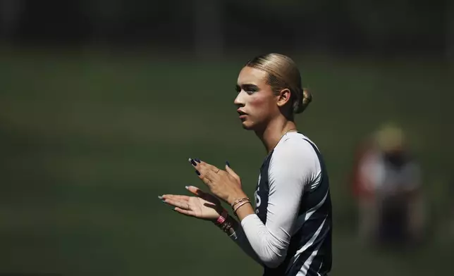 AB Hernandez reacts after competing in the high jump at the California high school track-and-field championships in Clovis, Calif., Friday, May 30, 2025. (AP Photo/Jae C. Hong)