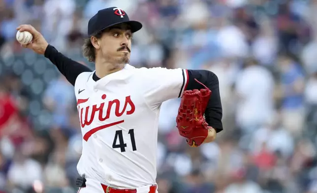 Minnesota Twins pitcher Joe Ryan (41) throws to the San Francisco Giants during the first inning of a baseball game Saturday, May 10, 2025, in Minneapolis. (AP Photo/Ellen Schmidt)