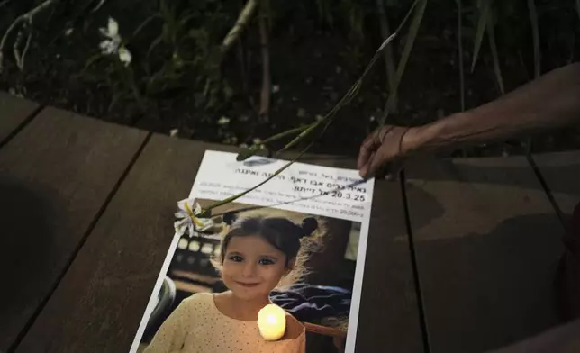 A photo of 5-year-old Palestinian girl Naya Kareem, who was killed during the Israel-Hamas war in Gaza, is displayed during a protest calling for an end to the war, in Tel Aviv, Israel, on Saturday, May 17, 2025. (AP Photo/Maya Alleruzzo)