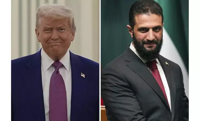 This combination of photos shows U.S. President Donald Trump, left, in Riyadh, Saudi Arabia, on May 13, 2025 and Syria's President Ahmad al-Sharaa in Ankara, Turkey, on Feb. 4, 2025. (AP Photo/Francisco Seco, File) (AP Photo, File)