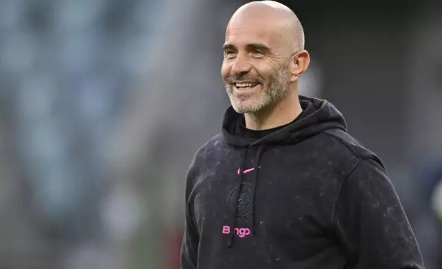 Chelsea's head coach Enzo Maresca attends the training session ahead of the Europa Conference League final soccer match between Real Betis and Chelsea in Wroclaw, Poland, Tuesday, May 27, 2025. (AP Photo/ Denes Erdos)