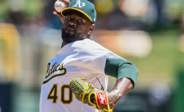 Athletics pitcher Luis Severino throws during the first inning of a baseball game against the Los Angeles Angels in West Sacramento, Calif., Thursday, May 22, 2025. (AP Photo/Nic Coury)