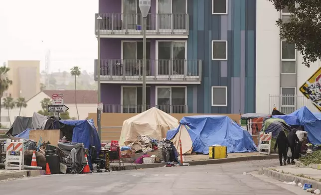 Tents are set up along a freeway in a homeless encampment Monday, May 12, 2025, in Los Angeles. (AP Photo/Damian Dovarganes)