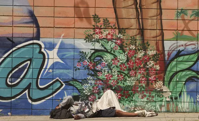 A person sleeps on a sidewalk, Monday, May 12, 2025, in Los Angeles. (AP Photo/Damian Dovarganes)