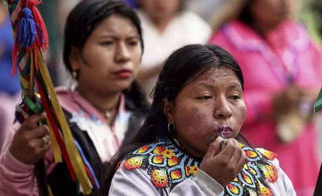 Indigenous supporters of President Gustavo Petro attend a rally in favor of the referendum proposal on his labor reform that he submitted to the Senate in Bogotá, Colombia, Thursday, May 1, 2025. (AP Photo/Ivan Valencia)