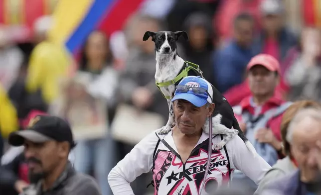 Supporters of President Gustavo Petro rally outside Congress in Bogotá, Colombia, Thursday, May 1, 2025, before he presents questions for a referendum on his labor reform proposal to the Senate, (AP Photo/Fernando Vergara)