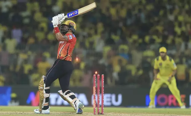 Punjab Kings' captain Shreyas Iyer bowled out during the Indian Premier League cricket match between Chennai Super Kings and Punjab Kings' at M. A. Chidambaram Stadium in Chennai, India, Wednesday, April 30, 2025. (AP Photo/R. Parthibhan)