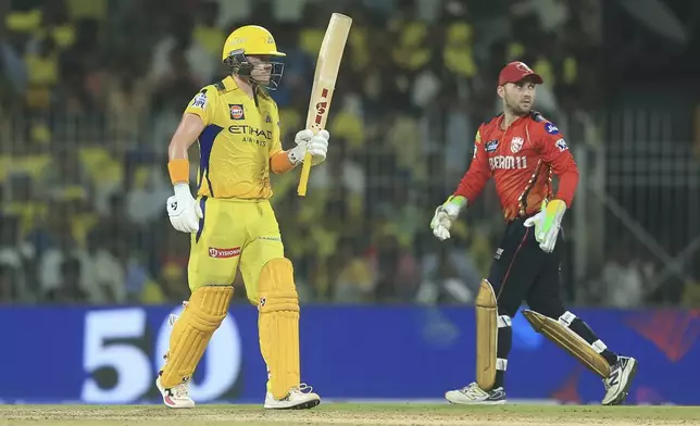 Chennai Super Kings' Sam Curran celebrates after scoring fifty runs during the Indian Premier League cricket match between Chennai Super Kings and Punjab Kings' at M. A. Chidambaram Stadium in Chennai, India, Wednesday, April 30, 2025. (AP Photo/R. Parthibhan)