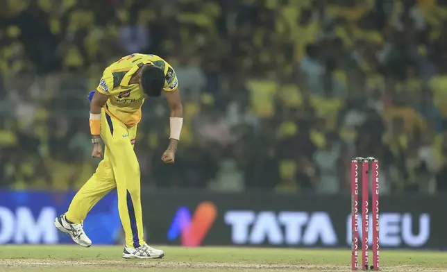 Chennai Super Kings' Khaleel Ahmed celebrates the dismissal of Punjab Kings' Suryansh Shedge during the Indian Premier League cricket match between Chennai Super Kings and Punjab Kings' at M. A. Chidambaram Stadium in Chennai, India, Wednesday, April 30, 2025. (AP Photo/R. Parthibhan)