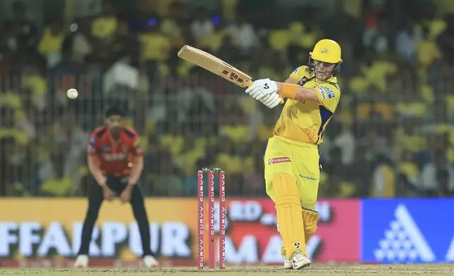 Chennai Super Kings' Sam Curran plays a shot during the Indian Premier League cricket match between Chennai Super Kings and Punjab Kings' at M. A. Chidambaram Stadium in Chennai, India, Wednesday, April 30, 2025. (AP Photo/R. Parthibhan)