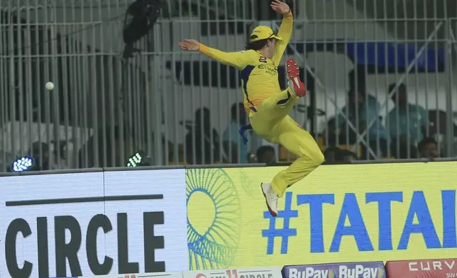 Chennai Super Kings' Dewald Brevis attempt to save six during the Indian Premier League cricket match between Chennai Super Kings and Punjab Kings' at M. A. Chidambaram Stadium in Chennai, India, Wednesday, April 30, 2025. (AP Photo/R. Parthibhan)