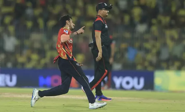 Punjab Kings' Yuzvendra Chahal celebrates the dismissal of Chennai Super Kings' Noor Ahmad during the Indian Premier League cricket match between Chennai Super Kings and Punjab Kings' at M. A. Chidambaram Stadium in Chennai, India, Wednesday, April 30, 2025. (AP Photo/R. Parthibhan)