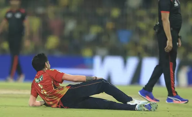 Punjab Kings' Yuzvendra Chahal celebrates after taking a hat trick during the Indian Premier League cricket match between Chennai Super Kings and Punjab Kings' at M. A. Chidambaram Stadium in Chennai, India, Wednesday, April 30, 2025. (AP Photo/R. Parthibhan)
