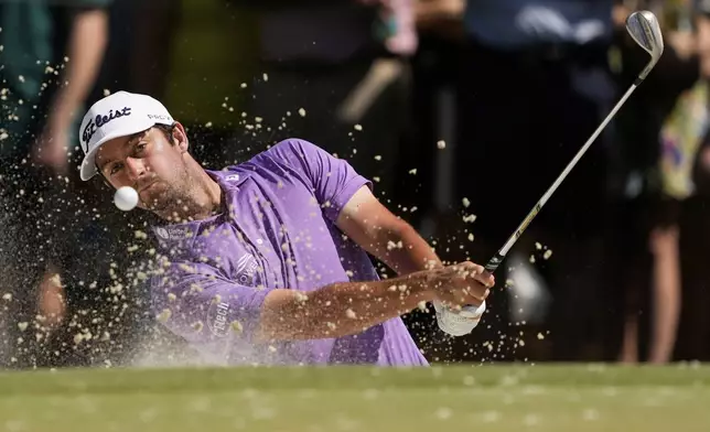 Davis Riley hits from the bunker on the sixth hole during the final round of the PGA Championship golf tournament at the Quail Hollow Club, Sunday, May 18, 2025, in Charlotte, N.C. (AP Photo/Matt York)