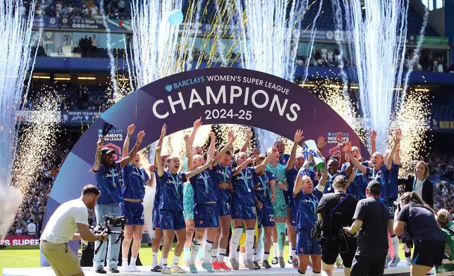 Chelsea lift the Women's Super League trophy at Stamford Bridge, London, Saturday May 10, 2025. (Rhianna Chadwick/PA via AP)