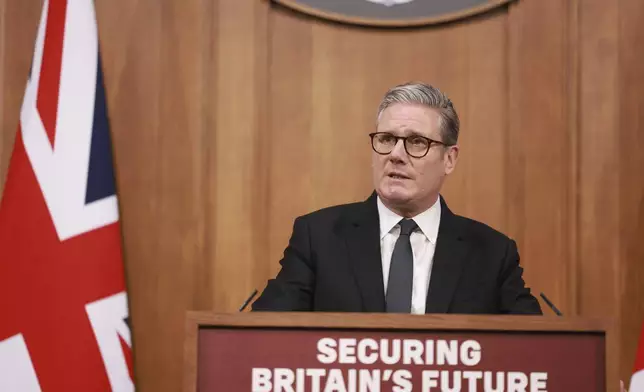 Britain's Prime Minister Keir Starmer speaks during a press conference, ahead of the publication of the government’s Immigration White Paper, in London, Monday, May 12, 2025. (Ian Vogler, Pool Photo via AP)