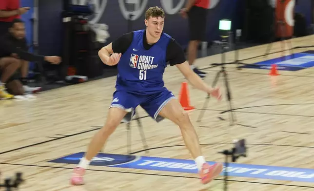Cooper Flagg participates at the 2025 NBA basketball draft combine in Chicago, Tuesday, May 13, 2025. (AP Photo/Nam Y. Huh)