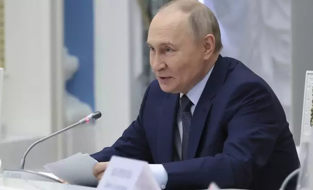 Russian President Vladimir Putin holds a meeting of the Russia - Land of Opportunities Supervisory Board at the Kremlin in Moscow, Russia, Tuesday, May 27, 2025. (Alexander Kazakov, Sputnik, Kremlin Pool Photo via AP)