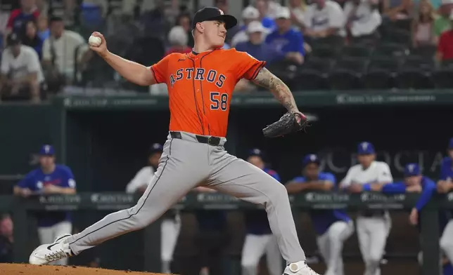 Houston Astros starting pitcher Hunter Brown throws during the first inning of a baseball game against the Colorado Rockies, Thursday, May 15, 2025, in Arlington, Texas. (AP Photo/LM Otero)