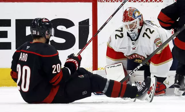 Carolina Hurricanes' Sebastian Aho (20) has his shot frozen by Florida Panthers goaltender Sergei Bobrovsky (72) during the third period of Game 1 of the NHL hockey Stanley Cup Eastern Conference finals in Raleigh, N.C., Tuesday, May 20, 2025. (AP Photo/Karl DeBlaker)
