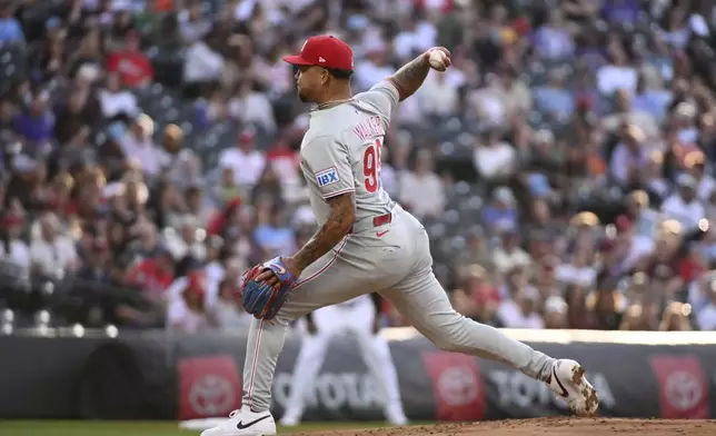 Philadelphia Phillies starting pitcher Taijuan Walker (99) delivers a pitch in the second inning of a baseball game against the Colorado Rockies, Wednesday, May 21, 2025, in Denver. (AP Photo/Geneva Heffernan)