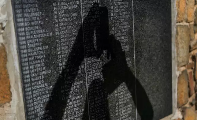 Visitors at the Nampo agricultural fair, one of the largest in the southern hemisphere, photograph the wall of remembrance, a tribute to farmers killed since 1961, near Bothaville, South Africa, May 15, 2025. (AP Photo/Jerome Delay)