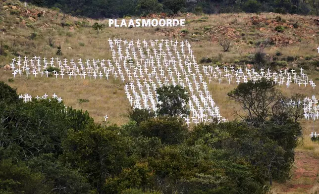 A view of crosses planted at the White Cross Monument, each one marking a white farmer who has been killed in a farm murder, is seen on a hillside in Ysterberg near Polokwane, South Africa, May 15, 2025. (AP Photo/Themba Hadebe)