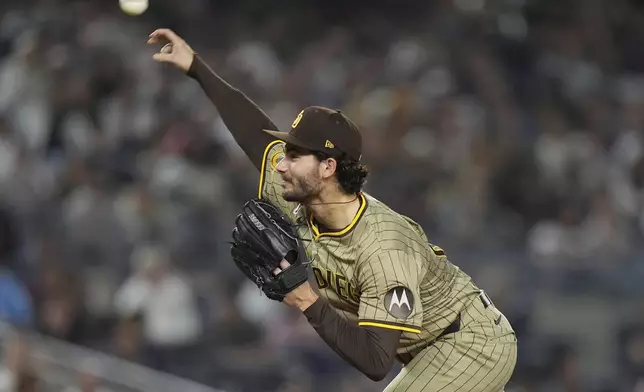 San Diego Padres' Dylan Cease pitches during the sixth inning of a baseball game against the New York Yankees Wednesday, May 7, 2025, in New York. (AP Photo/Frank Franklin II)