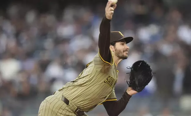 San Diego Padres' Dylan Cease pitches during the first inning of a baseball game against the New York Yankees Wednesday, May 7, 2025, in New York. (AP Photo/Frank Franklin II)
