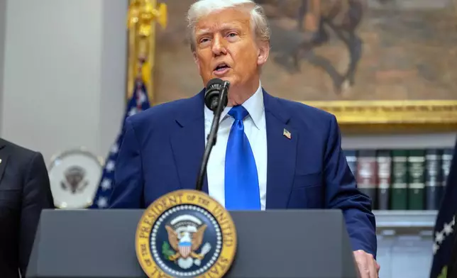 President Donald Trump answers a reporter's question during an event in the Roosevelt Room at the White House, Monday, May 12, 2025, in Washington. (AP Photo/Mark Schiefelbein)