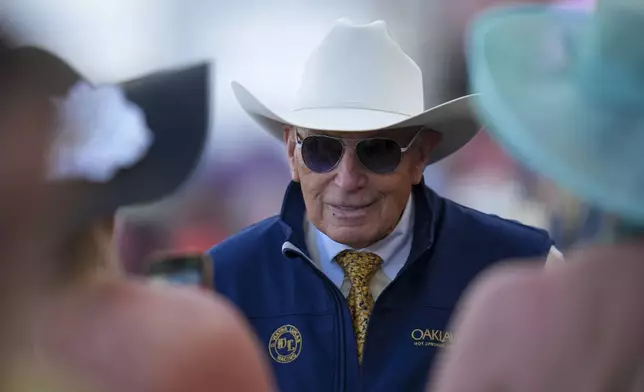 American Promise trainer D. Wayne Lukas looks on prior to the 150th running of the Preakness Stakes horse race Saturday, May 17, 2025, at Pimlico Race Course in Baltimore. (AP Photo/Julio Cortez)