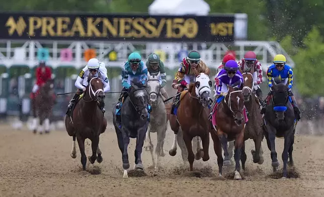 Jockeys compete during the 150th running of the Preakness Stakes horse race Saturday, May 17, 2025, at Pimlico Race Course in Baltimore. (AP Photo/Nick Wass)