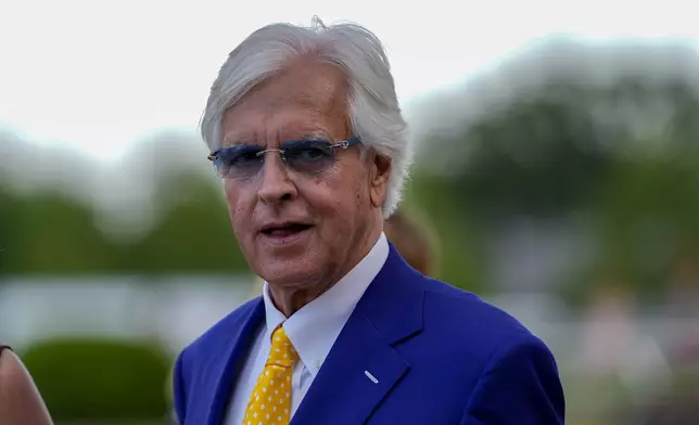 Goal Oriented's trainer Bob Bafert looks on prior to the 150th running of the Preakness Stakes horse race Saturday, May 17, 2025, at Pimlico Race Course in Baltimore. (AP Photo/Julia Demaree Nikhinson)