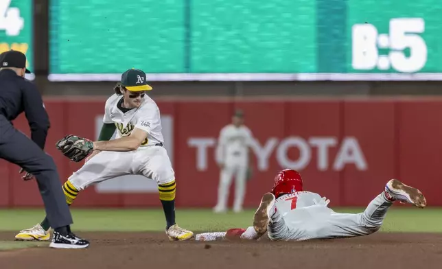 Athletics shortstop Jacob Wilson, left, attempts to tag out Philadelphia Phillies' Trea Turner (7) as he steals second base during the eighth inning of a baseball game, Friday, May 23, 2025, in West Sacramento, Calif. (AP Photo/Sara Nevis)