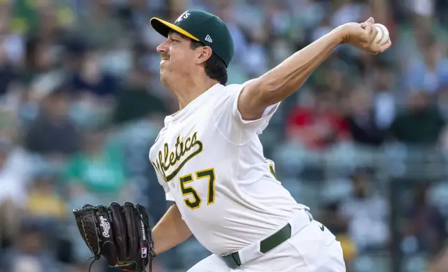 Athletics pitcher Jacob Lopez throws to the Philadelphia Phillies during the first inning of a baseball game Friday, May 23, 2025, in West Sacramento, Calif. (AP Photo/Sara Nevis)
