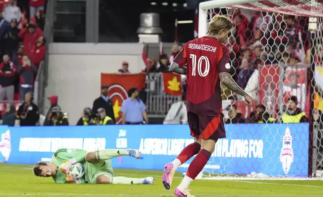 Toronto FC's Federico Bernardeschi (10) reacts after Nashville SC goalkeeper Joe Willis, left, saved his shot during MLS soccer match action in Toronto, Saturday, May 24, 2025 (Chris Young/The Canadian Press via AP)