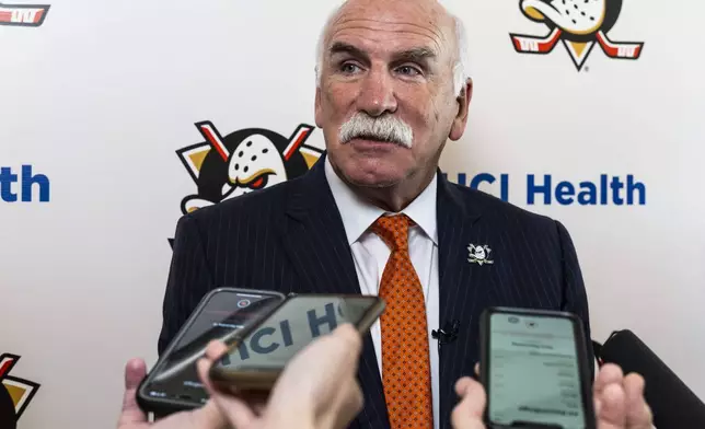 Joel Quenneville talks to the media after he was introduced as the new coach of the Anaheim Ducks during an NHL hockey press conference in Anaheim, Calif., Thursday, May 8, 2025. (Paul Bersebach/The Orange County Register via AP)