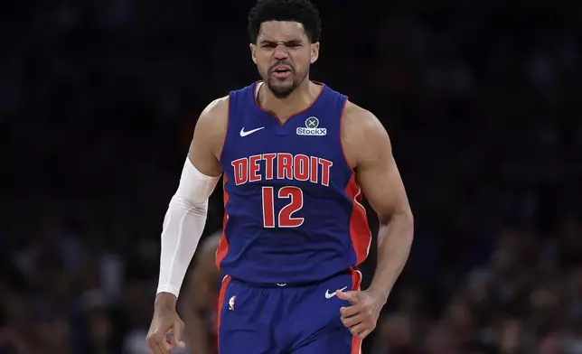 Detroit Pistons forward Tobias Harris reacts after a basket during Game 5 in an NBA basketball first-round playoff series against the New York Knicks, Tuesday, April 29, 2025, in New York. (AP Photo/Adam Hunger)