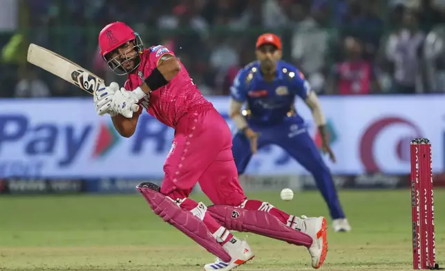 Rajasthan Royals' Dhruv Jurel plays a shot during the Indian Premier League cricket match between Rajasthan Royals and Mumbai Indians at Sawai Mansingh Stadium in Jaipur, India, Thursday, May 1, 2025. (AP Photo/Surjeet Yadav)