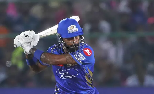 Mumbai Indians' captain Hardik Pandya plays a shot during the Indian Premier League cricket match between Rajasthan Royals and Mumbai Indians at Sawai Mansingh Stadium in Jaipur, India, Thursday, May 1, 2025. (AP Photo/Surjeet Yadav)