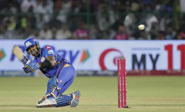 Mumbai Indians' Suryakumar Yadav plays a shot during the Indian Premier League cricket match between Rajasthan Royals and Mumbai Indians at Sawai Mansingh Stadium in Jaipur, India, Thursday, May 1, 2025. (AP Photo/Surjeet Yadav)