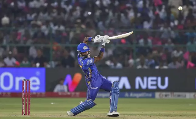 Mumbai Indians' captain Hardik Pandya plays a shot during the Indian Premier League cricket match between Rajasthan Royals and Mumbai Indians at Sawai Mansingh Stadium in Jaipur, India, Thursday, May 1, 2025. (AP Photo/Surjeet Yadav)