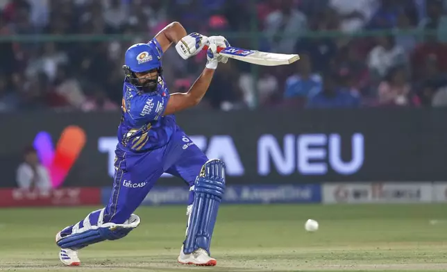 Mumbai Indians' Rohit Sharma plays a shot during the Indian Premier League cricket match between Rajasthan Royals and Mumbai Indians at Sawai Mansingh Stadiumin Jaipur, India, Thursday, May 1, 2025. (AP Photo/Surjeet Yadav)