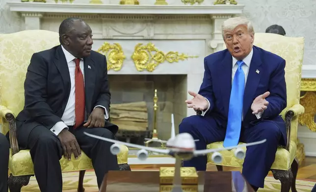 President Donald Trump meets South African President Cyril Ramaphosa in the Oval Office of the White House, Wednesday, May 21, 2025, in Washington. (AP Photo/Evan Vucci)
