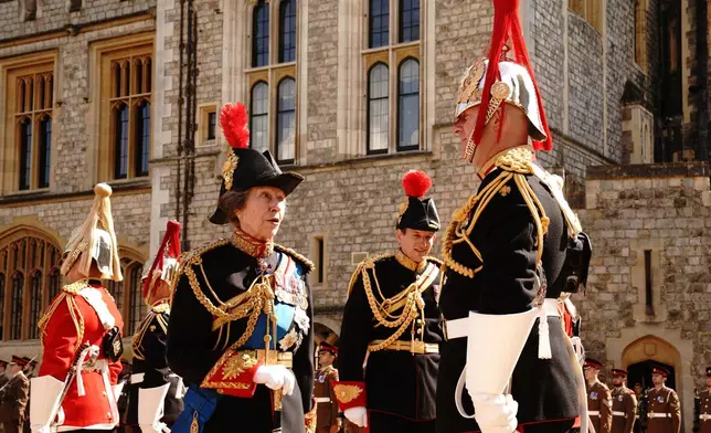 Britain's Princess Anne attends the presentation of the New Standards at Windsor Castle, Windsor, England, Monday May 12, 2025. (Aaron Chown/Pool via AP)