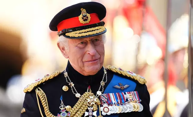 Britain's King Charles III attends the presentation of the New Standards at Windsor Castle, Windsor, England, Monday May 12, 2025. (Aaron Chown/Pool via AP)